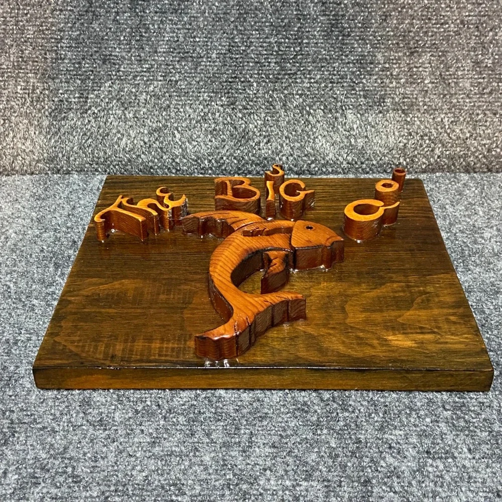 The Big One Vintage Wood Fish Plaque 3D Relief Rustic Nautical Cabin Lake Decor